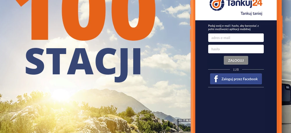 "Orange graphics showcase a fuel station app with the ability to tank up at 100 stations. Enter your email and password for full mobile app access."